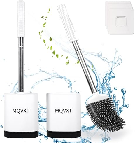 MQVXT Brosse WC,2PCS Brosse Toilettes WC Silicone,Balayette WC en Silicone Antibactérienne à Séchage Rapide,Brosse a Toilettes WC Mural sans Percageà,Porte Balai WC Mural en Inoxydable(Blanc