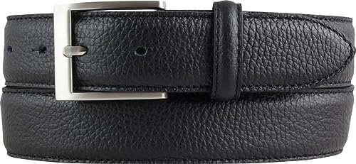 Italienischer Anzug-Gürtel, 35 mm breit, Herren, Anzuggürtel, Hosengürtel, strukturiertes Leder, Schließe Silber | Schwarz 85cm