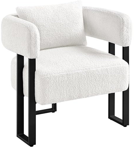 Yaheetech Tub Chair, Modern Boucle Fabric Vanity Chair, Cozy Accent Chair with Metal Legs and Lumbar Pillow, Upholstered Armchair for Living Room Makeup Room Bedroom, White