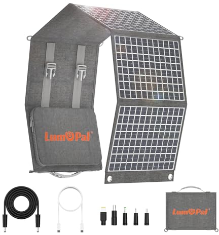 LUMOPAL - Panel solar plegable, paneles solares portátiles de 60 W, cargador solar plegable con PD60 W, USB-C 5 V, USB-A QC3.0 DC18-20 V, IP65 impermeable para mochila de camping compatible con