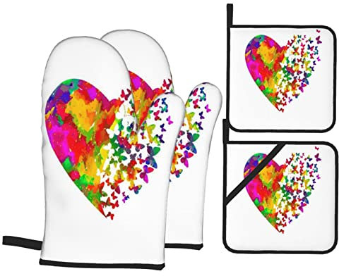Juegos De Guantes De Horno Mariposas Coloridas Pintadas con Corazón Grunge Obra De Arte Inspirada En Acuarela Guantes De Horno Resistentes Al Calor Guantes De Barbacoa, para Cocinar, Barbacoas