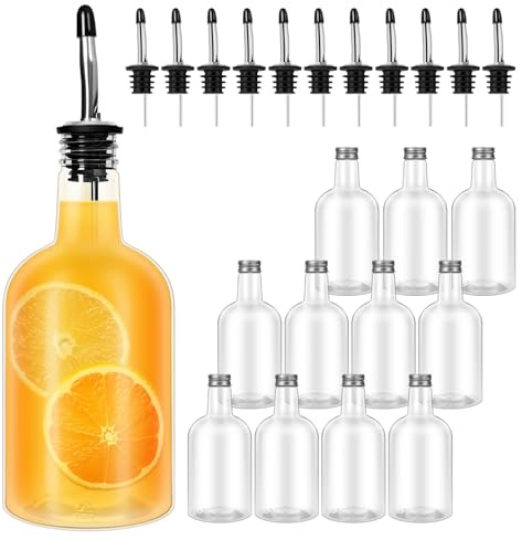 RMERVE Plastic Bottles, 16 Oz, 12 Pack, Transparent, with Pourer & Caps - Ideal for Liquor, Juice, Syrup, Storage & Pouring