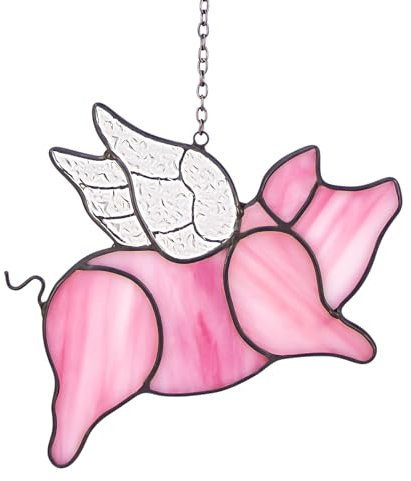 YT3 Studio Flying Pig Suncatcher, Stained Glass Window Hanging Decor, Handmade Gift for Pig Lovers Women Mom - Funny Animal Party & Nursery Decoration