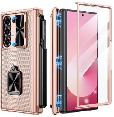 Doeshine Coque pour Samsung Galaxy Z Fold 6, Porte-S Pen, 360 ° Rotatif Support, Protection D'écran et L'appareil Photo, Protection Contre Les Charnières, Armor Cover Case Housse 2024 (Doré)