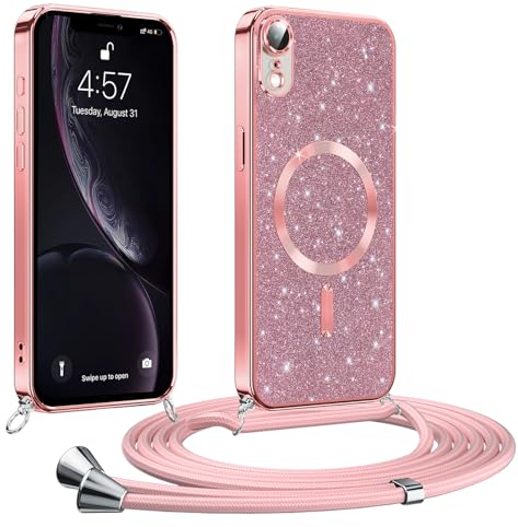 Phoona handyband Hülle für iPhone XR mit Band, Glitzer Handyhülle Kompatibel mit MagSafe, Ganzkörperschutz Kratzfeste Stossfest Schutzhülle mit Einstellbar Kette, Rosa