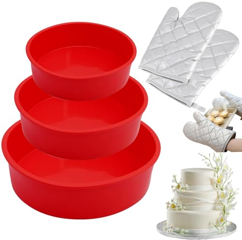 Moule Gâteau Silicone Rond, Gants de Four, Patisserie Antiadhésif, pour Gateau Arc-en-ciel, Mousse (10+15+20cm)
