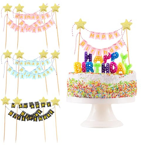 GEEHUA 6 Sets Happy Birthday Tortendeko Kuchenaufsatz, Happy Birthday Cake Topper Cupcake Topper Girlande Geburtstag Wimpelkette Banner Kuchenaufsätze Goldene Sternflagge für Jungen und Mädchen