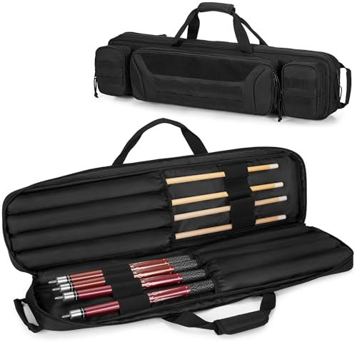 Rexmica Custodia per stecca da biliardo 4 x 4 con manici e spallacci nascosti, borsa imbottita per stecche da biliardo con tasche per accessori, colore nero