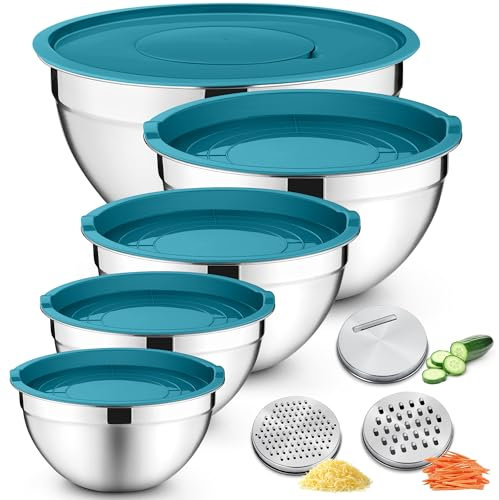 Joyfair Mixing Bowls Set of 5, Stainless Steel Nesting Salad Bowl with Airtight Lids, 3 Grater Attachments & Metal Storage Set for Serving Baking Prepping, Size 0.7/1.2/1.6/2.5/2.8/4.6QT - Blue