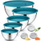 Joyfair Mixing Bowls Set of 5, Stainless Steel Nesting Salad Bowl with Airtight Lids, 3 Grater Attachments & Metal Storage Set for Serving Baking Prepping, Size 0.7/1.2/1.6/2.5/2.8/4.6QT - Blue