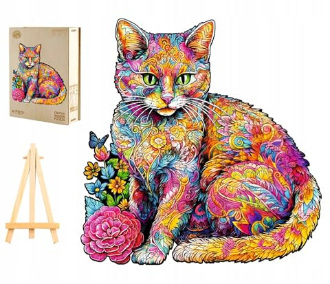 PASJO Holzpuzzle Erwachsene Katze 300 Teile 34,4x33,8 cm Tierförmige Puzzleteile Creative Jigsaw Holzbox Mini-Staffelei