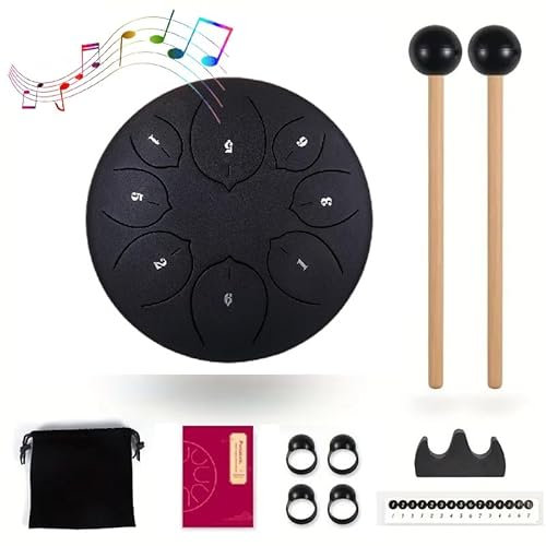 SANHIGHEND Neuer Steel Tongue Drum,8 Noten 15,2 cm Chakra- Regentrommel,C Key Musikinstrument,Für Meditation Yoga Usw,Mit Schlägel,Musikbuch,Fingerpick Usw(Schwarz)