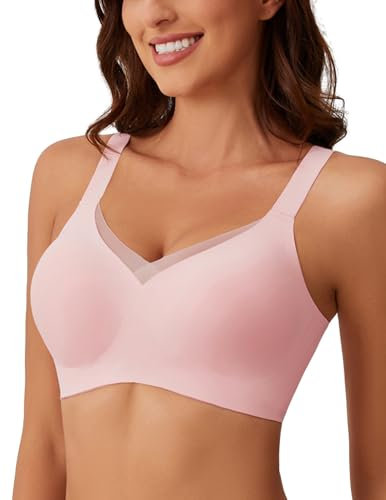 MOEOZLLO Mesh V Ausschnitt BH Damen Ohne Bügel Softschalen Bustier Damen High Elastizität BH Ohne Bügel Mit Zusätzlicher BH-Verlängerung（Rosa,L