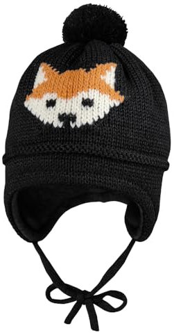maximo MINI Boy-Mütze, Intarsie Fuchs ausgenäht, Bindeband, Pompon, Futter