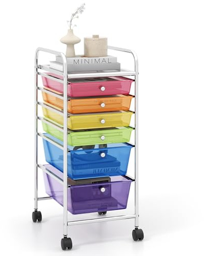 KOMFOTTEU Chariot de Rangement en Plastique, 6 Tiroirs | Meuble Tiroir à Roulettes verrouillage, Chariot organisateur, pour Bureau, Salle de Bains, Salon, coloré transparent