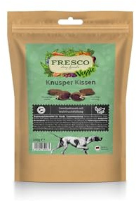 FRESCO Knusper Kissen | 100 g | Veganer Snack für Hunde | Gemüsekissen mit Waldfruchtfüllung | Für eine abwechslungsreichere Ernährung | Knusprige Hülle & fruchtige Füllung