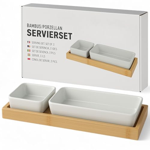 MIJOMA Servierset 3-teilig – Porzellan Schalen mit Holz-Tablett | Frühstücksset, Snackschalen, Dipschalen | Modern & Stilvoll für Küche, Buffet, Party