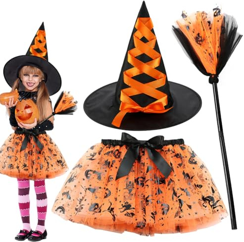 FCXVXCL Halloween Costume Stregas Bambina, Costume Strega Bambina Vestito Carnevale Halloween, Tutù E Cappello Set Con Scopa Da Strega per Cosplay Festa Regalo Orange