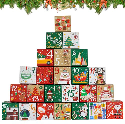 DIY Adventskalender zum Befüllen Kleine Geschenkboxen, 24 Stück Selbstgemachter Adventskalender Boxen Bunte Schachteln zum Aufstellen, Weihnachtskalender zum Befüllen, Weihnachten Kisten (E)