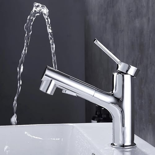 Grifo de baño extensible, grifo de lavabo extensible con 2 modos de pulverización caliente y frío, grifo doble de regulación para baño y cocina, cobre (plata)