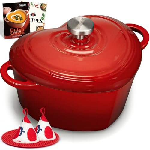 Overmont 2L Enamelled Cast Iron Dutch Oven - Heart-Shaped Casserole Dish | Oven Safe to 500°F, Mini Cookware with Recipe Potholder, for Bread Baking Soups Stews, Gift for Wedding Birthday Housewarming