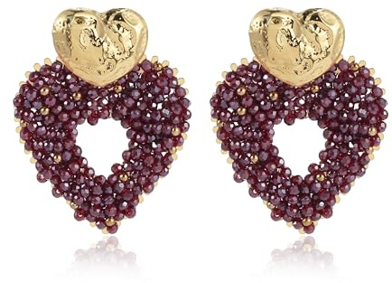 Rotwein Boho Herz Ohrringe Damen Handgefertigte Perlen Hängeohrringe mit Gold Herz Leichte Statement Ohrringe Sommer Schmuck für Frauen