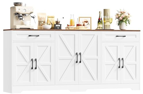 HOCSOK 180cm Large Sideboard, Kitchen Cabinet with 6 Barn Doors & 2 Drawers | Adjustable Shelves, Sideboard Storage Cabinet for Living Room, Dining Room, Wooden Buffet Cabinet, White, 87H x 180W x 34D cm