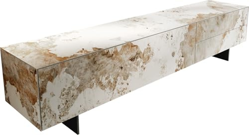 DELIFE TV-Board Cuor Keramik Minas Melange Weiß-Beige 220 cm 1 Klappe 2 Schubfächer Fuß Schwebeoptik Metall Schwarz Lowboard