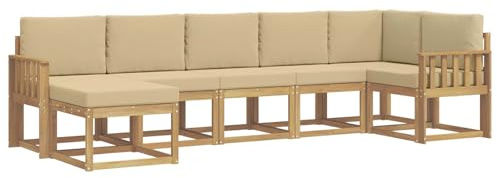 vidaXL Outdoor-Sofagarnitur mit Kissen 7 pcs Weiß und Beige Polyester, Modularer Gartensofa-Set, modernes Outdoor-Sofa, wetterfester Terrassenmöbel, Akazienholz, braunes Sitzen
