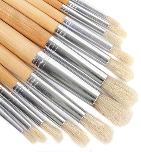 White Hinge 12Pc Long Handle Artist Paint Brush Set - Round Head Bristled Craft Brushes