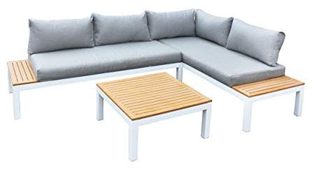 GARTENFREUDE Lounge Ambience, flexibel einsetzbar, wasserabweisende Kissen, Gestell: weiß / Kissen: hellgrau / WPC: teak