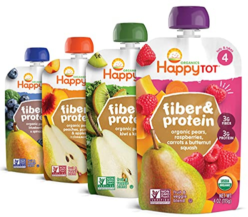 Happy Tot Organics Stage 4 Baby Food Pouches, Gluten Free, Vegan Snack, Fiber & Protein Fruit & Veggie Puree, Fruit & Veggie Variety Pack, 4 Ounce (Pack of 16)