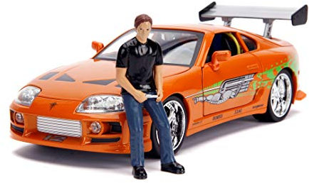 Jada Toys Fast & Furious 1995 Toyota Supra, Spielzeugauto aus Die-cast, zu öffnende Türen, Kofferraum, abnehmbare Motorhaube, inkl. Die-cast Figur Brian O'Conner, Maßstab 1:18, orange