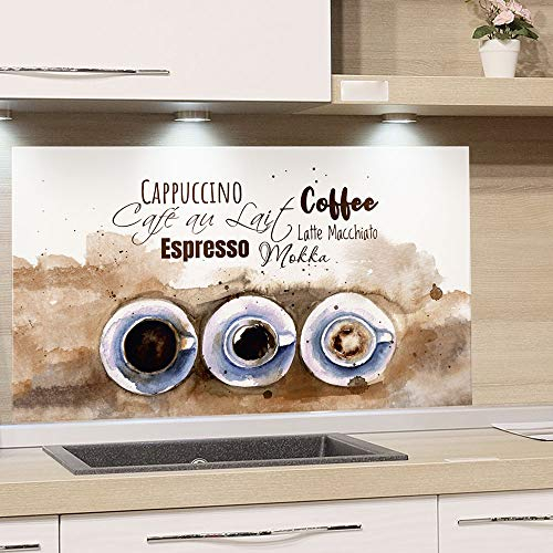 Spritzschutz Küche Herd, Kaffee Motiv in braun - beige mit Tassen, Küchenrückwand aus Echtglas, Wandschutz Glasbild 4mm ESG Glas / 80x40cm