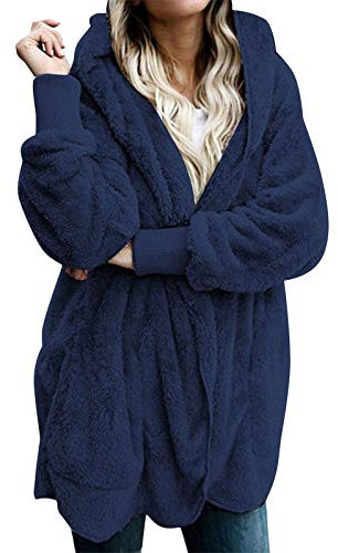 ORANDESIGNE Donna Cardigan con Cappuccio di Peluche Invernale Caldo Felpa Elegante Cappotto Lungo Fronte Aperto Giacca in Pile Tops Blu 3XL