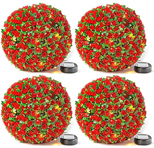 Taylor & Brown 28cm Solar Powered 20 LED Rose Artificial Topiary Ball Hanging Ornament Boxwood Garden Ultra Bright Light Decorative Two Functions (4 Pack, Red)