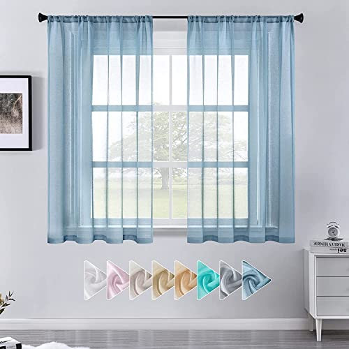 CUTEWIND Voile Gardinen Vorhang in Leinenoptik Stores Gardinen Transparent für Wohnzimmer Schlafzimmer Kinderzimmer Vorhänge mit Stangedurchzug Navy 2er Set je 140x137cm