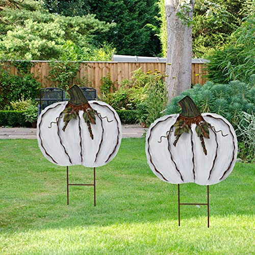 Metall-Kürbis-Gartenstecker – Herbst-Deko Hof-Schilder – für drinnen und draußen – Blumenstab Herbst Rasen Ornamente Kürbis Dekoration für Ernte Halloween (44,5 cm x 2-B)