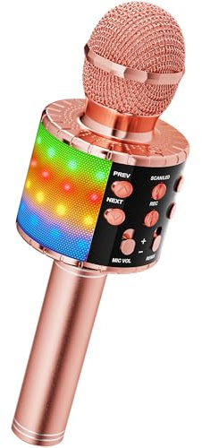 Ankuka Micrófono Karaoke Bluetooth Micrófono Inalámbrico Karaoke Micrófono Niña con Luces LED Regalo Juguetes para Niños Micrófono Cambiador de Voz, Compatible con Android, iOS, PC Oro Rosa-Negro