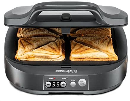 ROMMELSBACHER Sandwich Maker ST 1800, 4 XL-Sandwiches, Antihaftbeschichtung, 15 Minuten Zeitschaltuhr, automatische Abschaltung, Cool Touch Gehäuse, 1800 Watt, schiefergrau