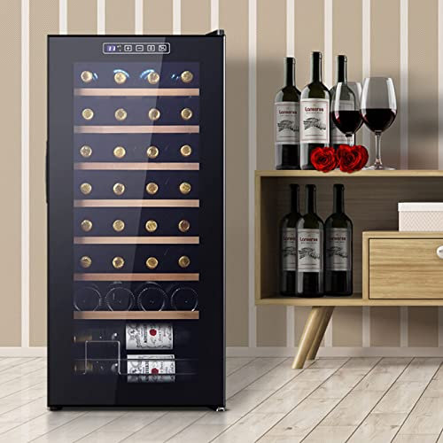 0℃ Outdoor Wine Fridge with Glass Door, Wine Cabinet with Touch Control Technology, 5 to 18°C, Space for Bottles, 7 Wooden Drawers, 32 Bottle Capacity LED Light, 93 L, 45cm Wide, Black