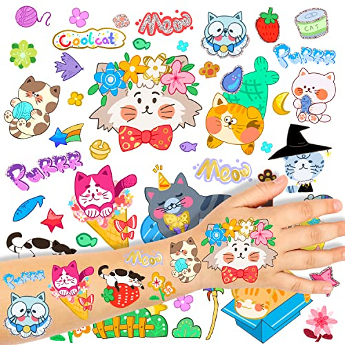 Zayvor 92 Stück Cat Tattoo, Temporäre Tattoos Kinder Katze Metallic Tätowierungen Aufkleber Kindertattoos Set Wasserdicht Kindergeburtstag Gastgeschenke Mitgebsel Kinder Party Dekorationen