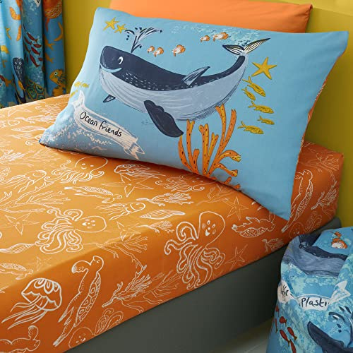 Happy Linen Company Girls Boys Kids Ocean Friends Sealife Blue Standard Reversible Extra Pair Of Standard Pillow Cases