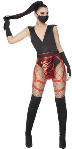 Smiffys Costume de ninja écarlate fébrile, Body, harnais de jambe, masque et gants Halloween