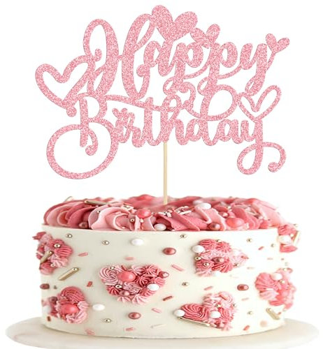 Gyufise 1Pc Happy Birthday Cake Topper with Love Heart Glitter Valentine's Day Cake Picks Love Theme Baby Shower Kids Birthday Party Cake Decorations Supplies Pink