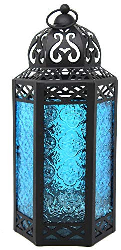 Dekorative marokkanische Laterne aus schwarzem Metall mit Kerzenhalter – Innen-/Außenbereich, Heimdekoration, Terrasse, Hochzeiten, Weihnachten, groß, blau