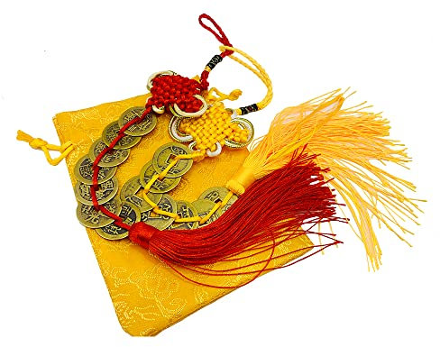 Lot de 2 pièces de monnaie chinoises Feng Shui porte-bonheur avec nœud chinois pour la richesse et le succès - Décoration pour la maison et le bureau