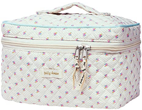 Aucuu Reise Kosmetiktasche, Coquette Make-up-Tasche, Gesteppte Kulturtasche Damen, Kosmetiktasche Groß Kapazität, Baumwolle Make-up Tasche mit Blumenmuster für Kinder Damen Herren (Weiß Kirsche)