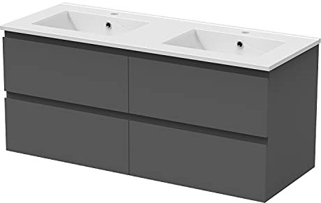 Acezanble Ensemble Meuble de Salle de Bain Anthracite 120 cm Suspendu lavabo Beton sur Pied 4 tiroirs + Vasque Armoire de Rangement Meuble lavabo evier Meubles