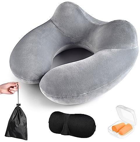 Nackenkissen Reisekissen,Nackenkissen Flugzeug mit 3D Schlafmaske & Ohrstöpsel,Nackenkissen Aufblasbar,Nackenhörnchen Erwachsene,Travel Pillow,Reisekissen aufblasbar für Reisen,Flugzeug,Zug,Auto(Grau)
